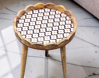 Honeybloom Hand Turned Mango Wood End Table Scalloped Enamel Top With Gold Embossed
