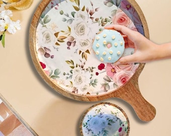 Handcrafted Mango Wood Serving Platter with Dip Bowl, Floral Design