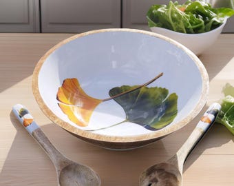 Hand turned wooden bowl with curated enamel print - Leaf