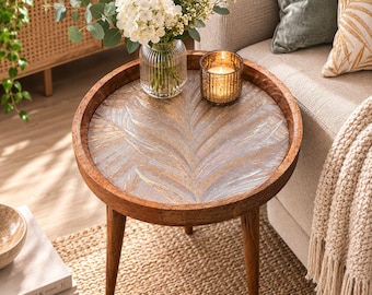 Handcrafted Mango Wood Side Table: Azure Enamel, Gold Print