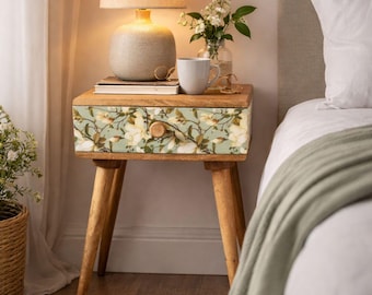 Magnolia Bloom Bedside Table – Handmade Mango Wood Nightstand with Drawer | Floral Accent Side Table | Custom Height Option