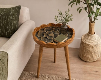 Handmade Mango Wood Side Table Scalloped Tray Top Embossed Golden Black Pattern