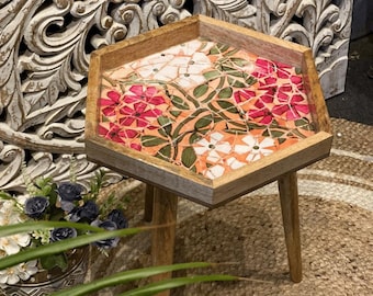 Mesa auxiliar de madera de mango con mosaico artesanal - Patas desmontables