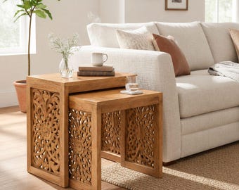 Hand Carved Mango Wood Nested End Tables, Natural Walnut Finish (Set of 2) Large