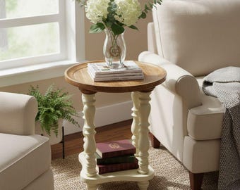Solid Mango Wood Side Table Natural Top & Ivory Finish Base Bedside Accent