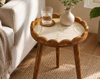 Handmade Mango Wood Side Table Scalloped Tray Top Embossed Golden Ivory Pattern