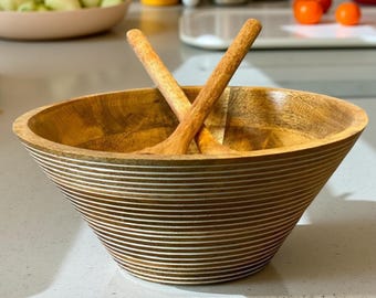 Hand Carved Mango Wood Bowl with Spoons: Sustainable Serving Set