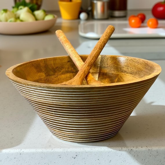 Hand Carved Mango Wood Bowl with Spoons: Sustainable Serving Set