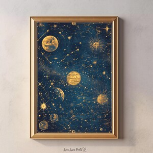 Impresión artística digital de mapa estelar celestial vintage, arte mural astronómico dorado, decoración de constelaciones imprimible, decoración del hogar con temática espacial, arte bohemio