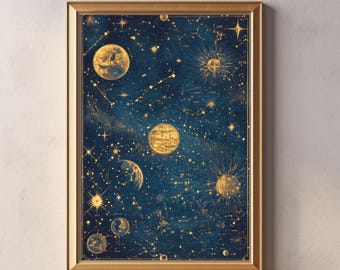 Vintage Celestial Star Map Art Print: Golden Astronomy Decor (Digital Download)