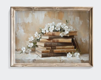 Lámina artística de libros antiguos y flores blancas: Decoración rústica de biblioteca (descarga digital)