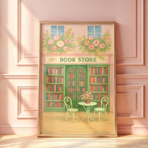 Pink Bookstore Print: Botanical Bookshelf Art (Digital Download)