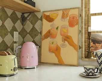 Retro Bar Cart Print: Cheers Cocktail Poster, Trendy Kitchen Art (Digital Download)