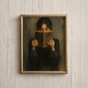 Victorian Woman Reading, Dark Academia Decor, Librariancore Wall Art, Bookish Wall Art Print, Book Lover Gift, Moody Reading Nook Painting