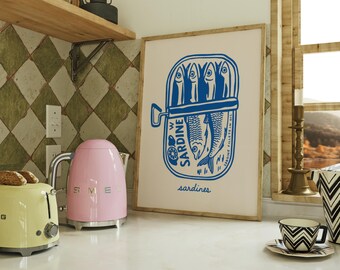 Retro Sardines Print: Navy Blue Kitchen Wall Art (Digital Download Available)
