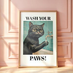 Wash Your Paws Cat Wall Art, Funny Bathroom Decor, Black Cat Print, Vintage Style, Digital Download, Cute Pet Art, Cat Lover Gift