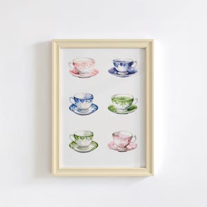 Watercolor Teacups Wall Art, Whimsical Kitchen Decor, Tea Party Print, Vintage Teacups, Digital Download, Home Decor, Printable Art