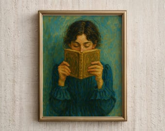 Puede incluir: Obra de arte enmarcada que representa a una persona leyendo un libro. La persona lleva un vestido azul y sostiene un libro dorado. El fondo es una mezcla de tonos azules y verdes, y el marco es dorado.