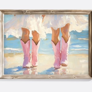 Coastal Cowgirl Art Print: Pink Boots on Beach (Digital Download)