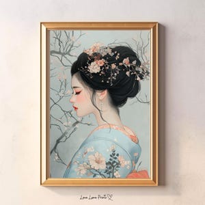 Elegant Geisha with Cherry Blossoms Printable Wall Art, Japanese-Inspired Digital Artwork, Feminine Floral Decor - Japandi - Geisha Girl