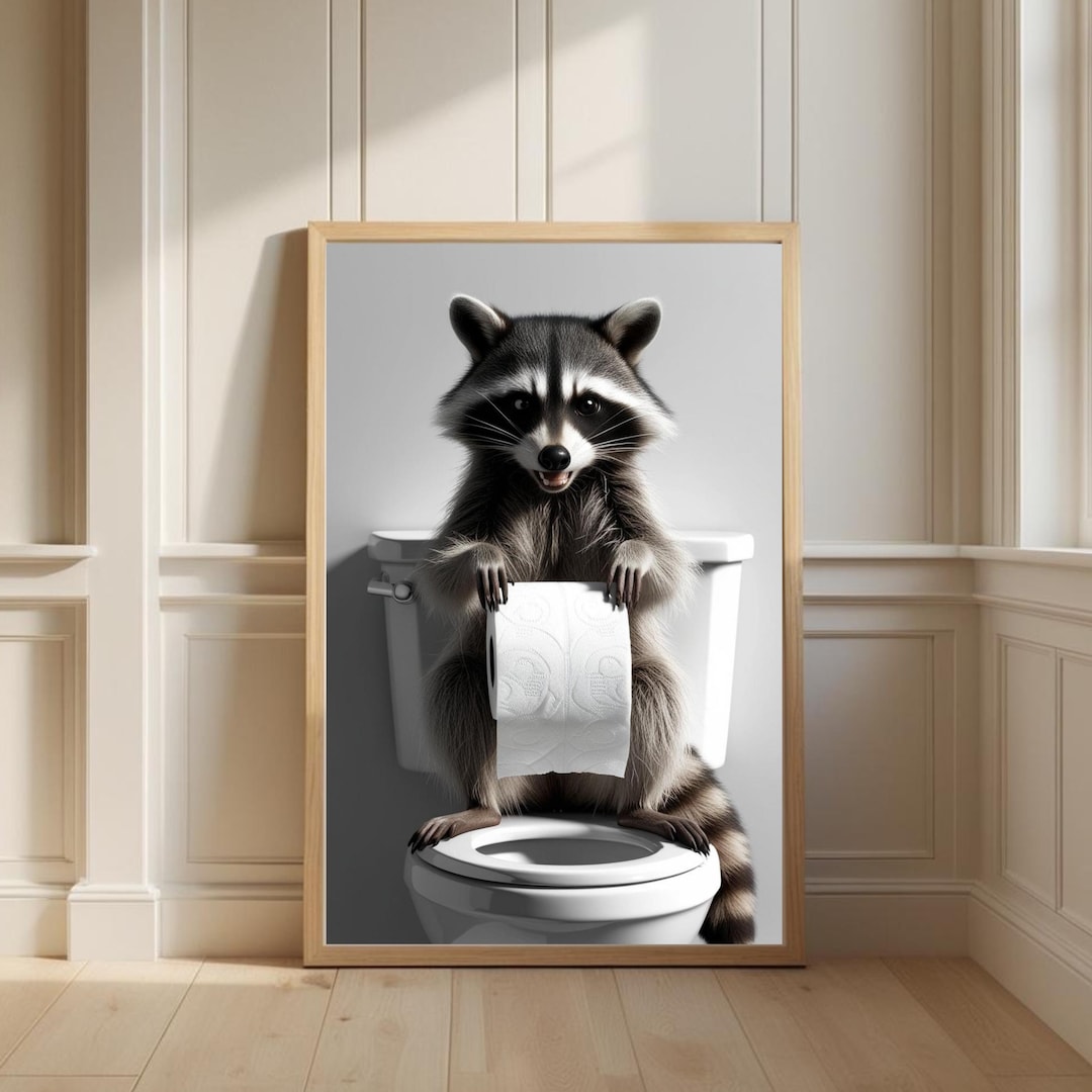 Funny Raccoon Bathroom Wall Art – Cute Raccoon Holding Toilet Paper ...