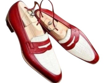 Handmade Red Leather & White Alligator Texture Leather Loafer Shoes Customized Bespoke Moccasin Shoe