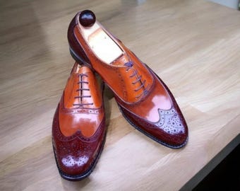 Handmade Two-tone Leather Oxford Brogues: Mustard Maroon Wingtip
