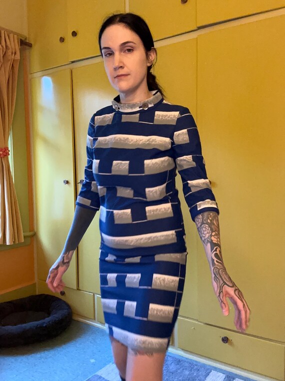60s Polyester Blue Brick Wiggle Dress