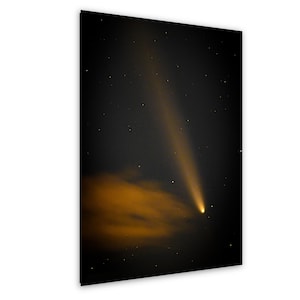 May include: A photograph of a comet against a dark night sky. The comet has a bright, golden tail and a glowing head. A cloud of orange-brown gas is visible near the comet's head, with many stars in the background.