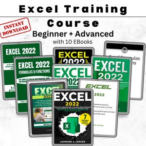 May include: A collection of 10 ebooks on a white background, each with a green cover and the title "Excel 2022". The ebooks are arranged in a pyramid shape, with the largest ebook at the bottom and the smallest ebook at the top. The ebooks are all about learning Microsoft Excel.