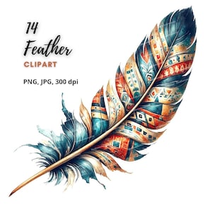 14 Clipart di piume, arte nativa americana, illustrazione tribale di piume boho, PNG/JPG di alta qualità per la creazione di biglietti di scrapbooking, diari spazzatura