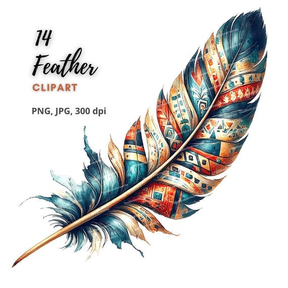 14 Feather Clipart, Native American Art, Boho Tribal Feather Illustration, High Quality PNG/JPG for Junk Journaling Scrapbooking Card Making
