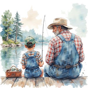 12 illustrations de pêche à l'aquarelle, grand-père et petit-fils, garçon pêcheur, JPG haute résolution, illustration de pêche vintage pour scrapbooking et journaling