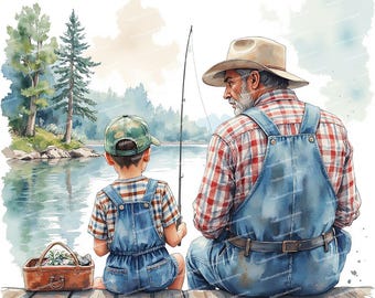 May include: A watercolor painting of a man and a boy fishing from a wooden dock. The man is wearing a plaid shirt, overalls, and a straw hat. The boy is wearing a plaid shirt, overalls, and a baseball cap. They are both looking out at the water.