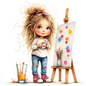 12 Artista Caprichoso Menina Clipart, Engraçado Meninas Clipart, Ilustração Bonita Pintora, Aquarela Menina Peculiar, JPG de Alta Qualidade, Download Digital