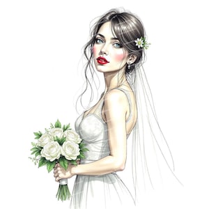 12 imágenes prediseñadas de novia en acuarela, imágenes prediseñadas de boda, ilustración romántica de novia, archivos JPG de alta calidad para scrapbooking, tarjetas y más.