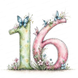 May include: Watercolor illustration of the number 16, decorated with butterflies and flowers. The number 1 is green with yellow and blue polka dots. The number 6 is pink. Butterflies and flowers are placed around the numbers.