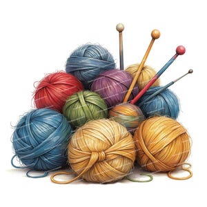 12 cliparts de pelotes de laine aquarelle, pelotes de laine colorées avec aiguilles, illustration de tricot, fichiers JPG haute qualité pour la création de cartes Junk Journals