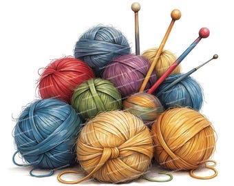 12 Watercolor Yarn Balls Clipart, Colorful Yarn Balls with Needles, Knitting Illustration, High Quality JPGs for Junk Journals Card Making