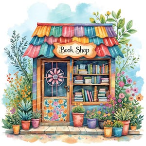 Peut inclure: Une illustration aquarelle fantaisiste d'une librairie colorée avec une enseigne qui indique "Book Shop". La boutique est entourée d'une végétation luxuriante et de fleurs aux teintes roses, jaunes et vertes.