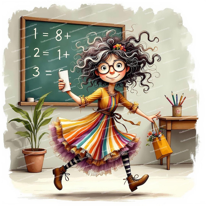 Pode incluir: Uma menina com cabelo comprido e encaracolado e &oacute;culos est&aacute; segurando um giz e parada em frente a um quadro-negro com equa&ccedil;&otilde;es matem&aacute;ticas escritas nele. Ela est&aacute; vestindo um vestido listrado colorido e meias pretas. H&aacute; uma pequena planta em vaso e uma mesa com um porta-l&aacute;pis e uma bolsa com flores em cima.