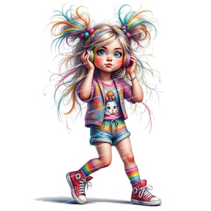 12 Whimsical Girl Clipart, Cute Cartoon Girl, Messy Hair Teen, Girl with Headphones, High Quality PNGs for Junk Journals and Card Making image 9