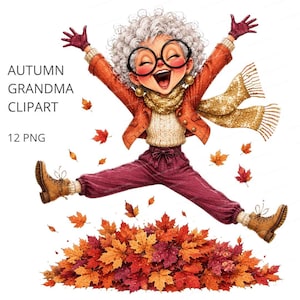 Op de afbeelding: Een digitale illustratie van een vrolijk ouder persoon met krullend wit haar en een ronde bril, gekleed in een oranje jas, crèmekleurige trui en bordeauxrode broek, springend over een hoop herfstbladeren met de tekst AUTUMN GRANDMA CLIPART 12 PNG.