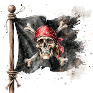 Puede incluir: Ilustración en acuarela de una bandera pirata con una calavera con un pañuelo rojo y huesos cruzados. La bandera negra está rasgada y el mástil de madera está atado con una cuerda. La obra de arte tiene un aspecto vintage.