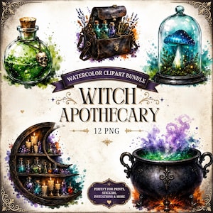 Może przedstawiać: Zestaw akwarelowych grafik clipart zatytułowany Witch Apothecary 12 PNG, zawierający zieloną butelkę z miksturą i czaszką, skórzaną torbę z fiolkami, niebieski grzyb pod szklanym kloszem, półkę w kształcie półksiężyca oraz czarny kociołek.