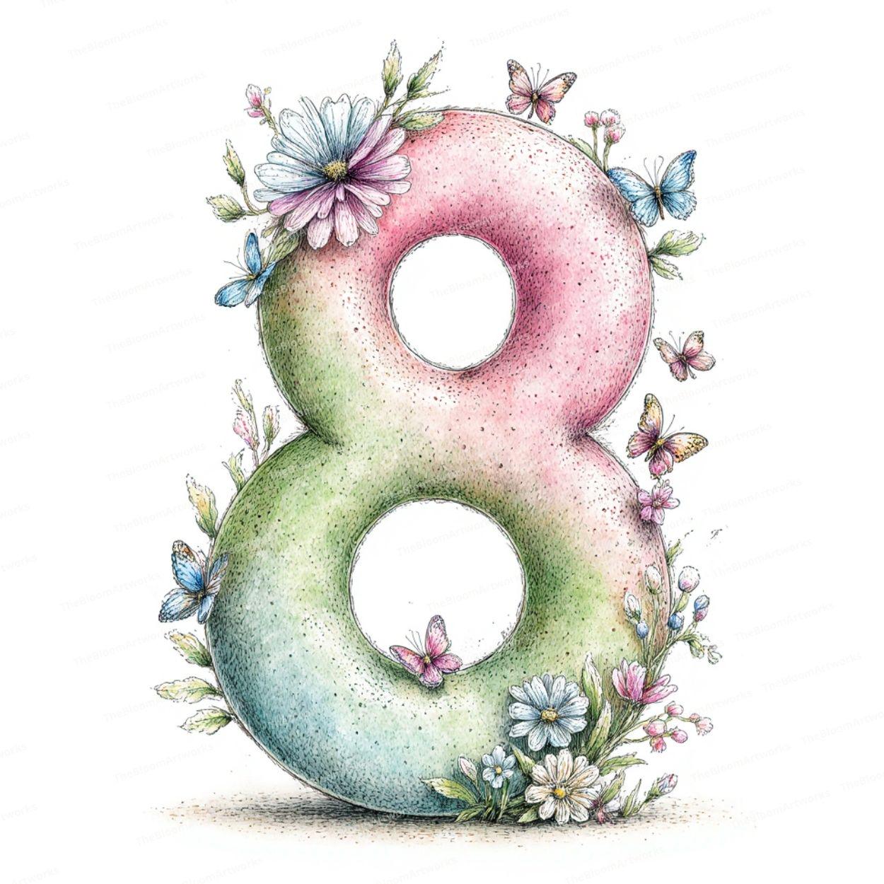 May include: Watercolor illustration of the number eight, in a gradient of pink, green, and blue. The number is adorned with flowers and butterflies in shades of pink, blue, and yellow. The overall design has a whimsical, artistic feel.