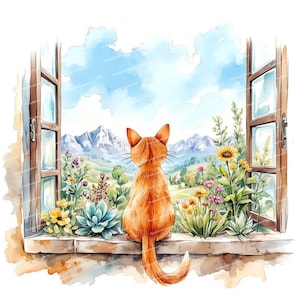 12 cliparts de chat aquarelle, clipart de fenêtre ouverte, chat sur le rebord de la fenêtre, silhouette de chat, JPG de haute qualité, téléchargement numérique, Junk Journals
