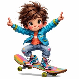 12 Skater-Boy-Cliparts, niedliche Cartoon-Kinder auf Skateboards, Geburtstagsdeko, hochauflösende JPGs für Junk Journaling, Scrapbooking und Kartenbasteln