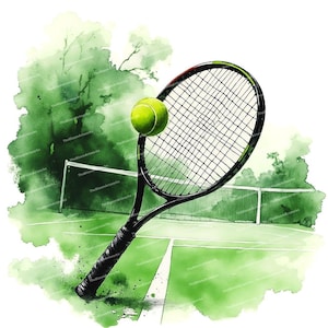 12 Clipart di tennis, scena di tennis ad acquerello, pallina e racchetta da tennis, PNG di alta qualità, design a sublimazione, clipart per biglietti, inviti