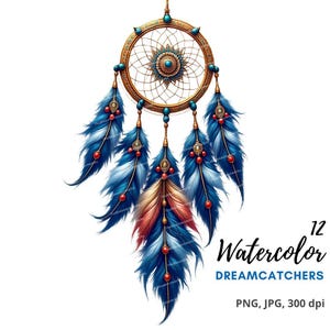 12 Clipart di acchiappasogni ad acquerello, arte dei nativi americani, decorazioni tribali, PNG/JPG di alta qualità per scrapbooking, creazione di biglietti e altro ancora.